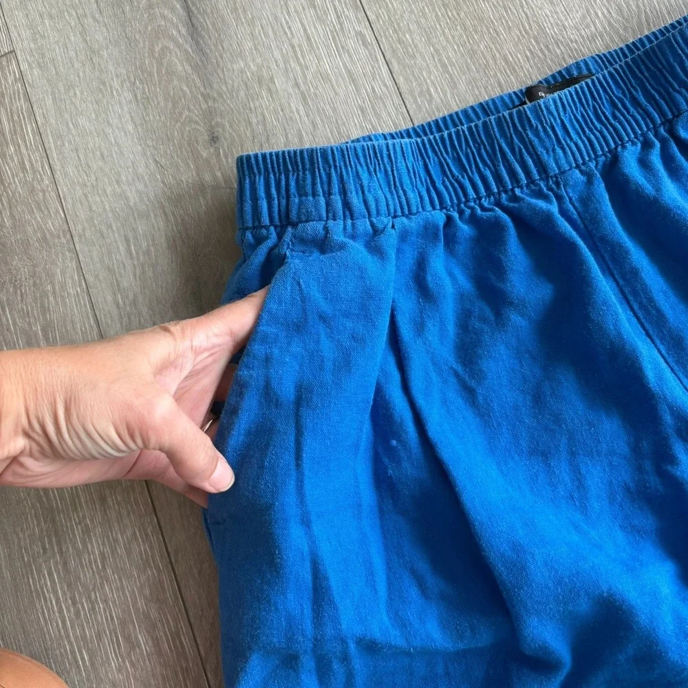 Zara Womens Royal Blue Comfort Elastic Waist Linen Blend Wide Leg Pants Size XS